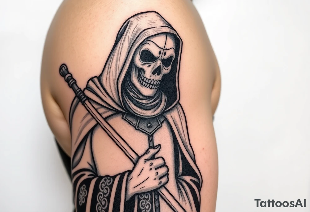 Gothic Horror Plague Doctor with Scythe – A menacing figure holding a rusted, bloodied scythe, dressed in a charcoal-black robe with intricate silver embroidery. The mask is a dull, faded gray with dark stains of time. tattoo idea