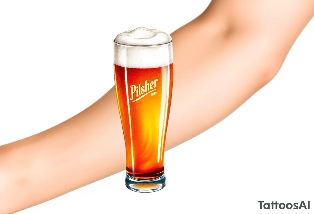 A tall, ice-cold pilsner glass with a thick white foam head, illuminated by warm amber and honey hues tattoo idea