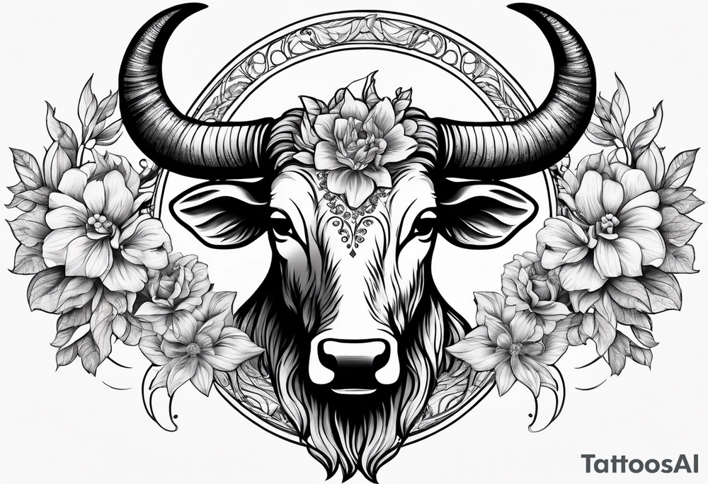 Taurus zodiac symbol intertwined with the Sagittarius zodiac symbol with delicate flowers tattoo idea