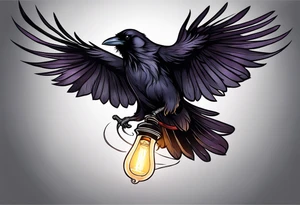 Gothic raven flying holding a light at night tattoo idea