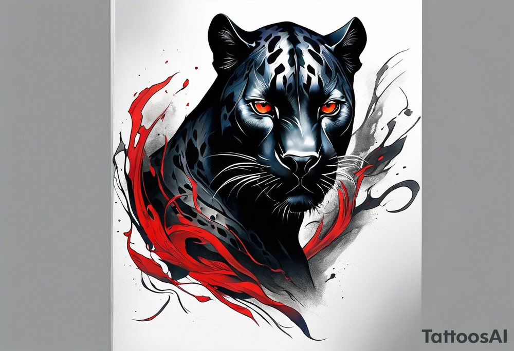 unique black panther tattoo, dynamic pose, showcasing its strength and grace, striking red eyes, intense and captivating elements, artistic flair, blending realism with abstract elements tattoo idea