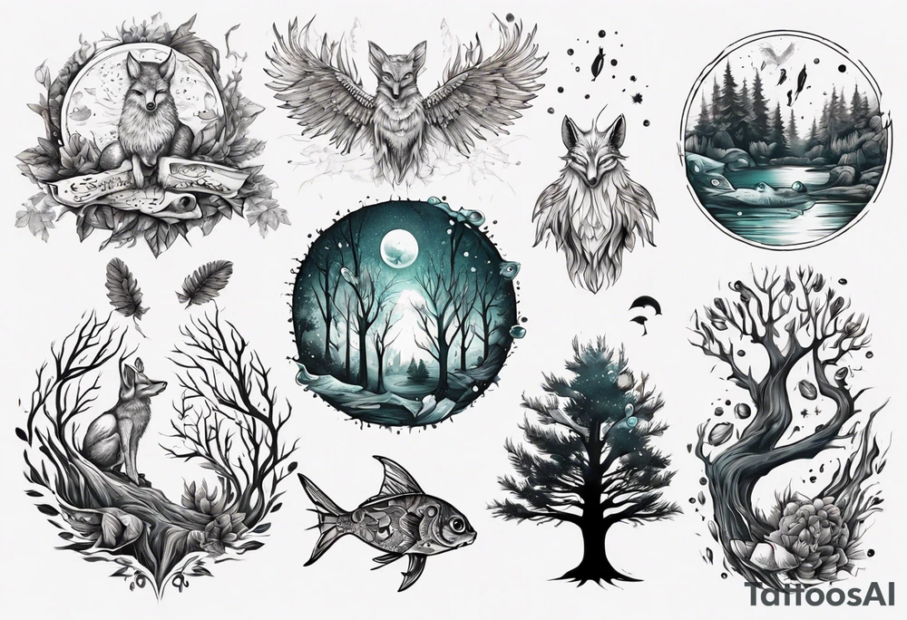 sonne, eule  wald, fuchs 
baum, sapere aude, Wasser, fisch tattoo idea
