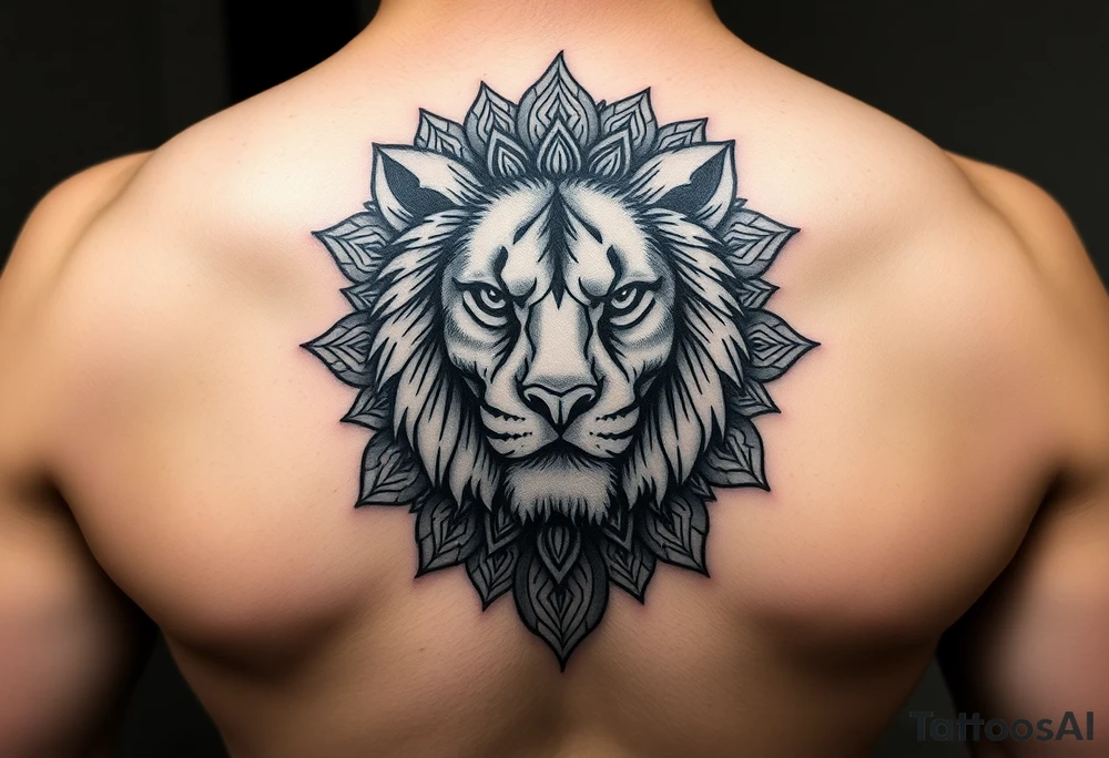 Detailed realistic lion head with mandala patterns around it that covers the hand and a small part of the fingers. tattoo idea
