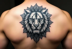 Detailed realistic lion head with mandala patterns around it that covers the hand and a small part of the fingers. tattoo idea