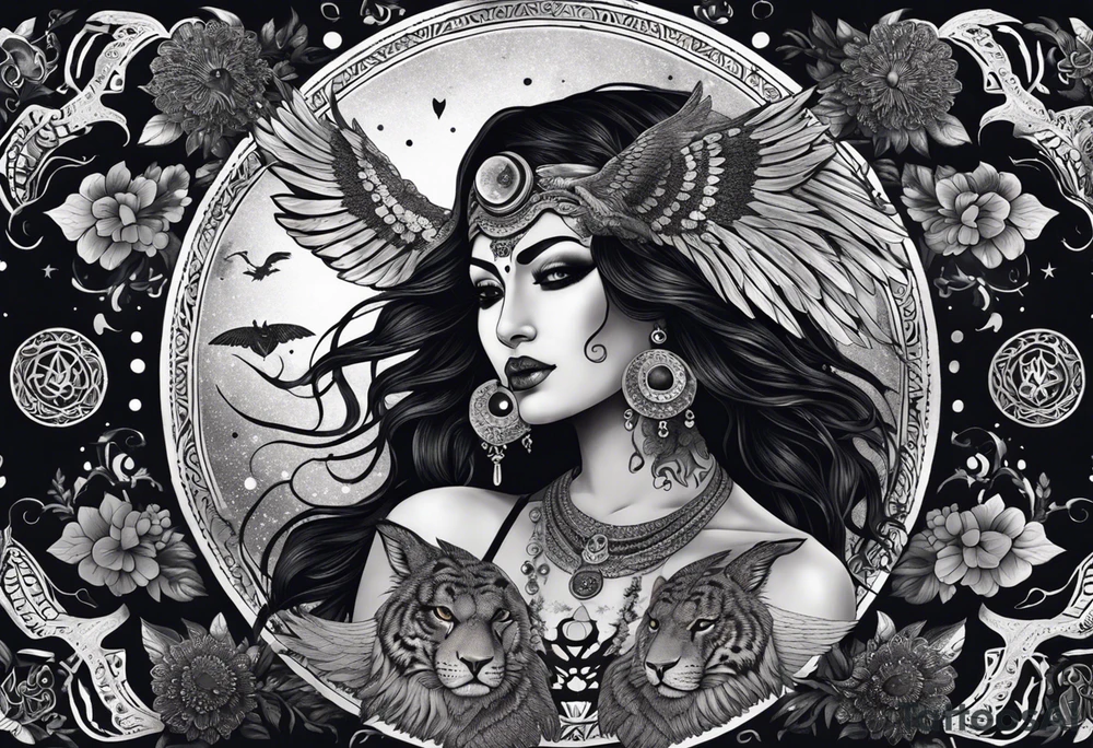 black kali, goddess pirate, alien, angel, pachamama, valkrye, warrior, flying, skull, lotus azul, wing, eagle, zenza resonance, stars, 5D, anahata chakra, death, durga, riding on a tiger, flying lady, kundalini, chest tatoo, samuri, rebel,serpent tattoo idea