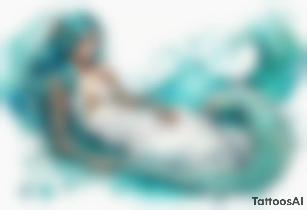 A beautiful undine with turquois scales wearing a white robe, laying on the shore tattoo idea