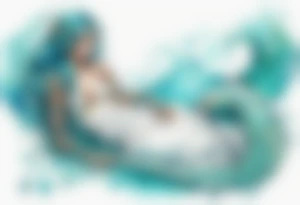 A beautiful undine with turquois scales wearing a white robe, laying on the shore tattoo idea
