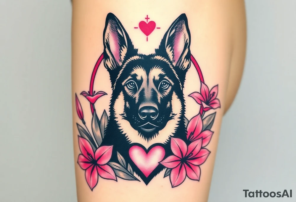 strong looking short haired german shepherd with alert ears surrounded by pink lilies with large leaves in front of a sacred heart tattoo idea