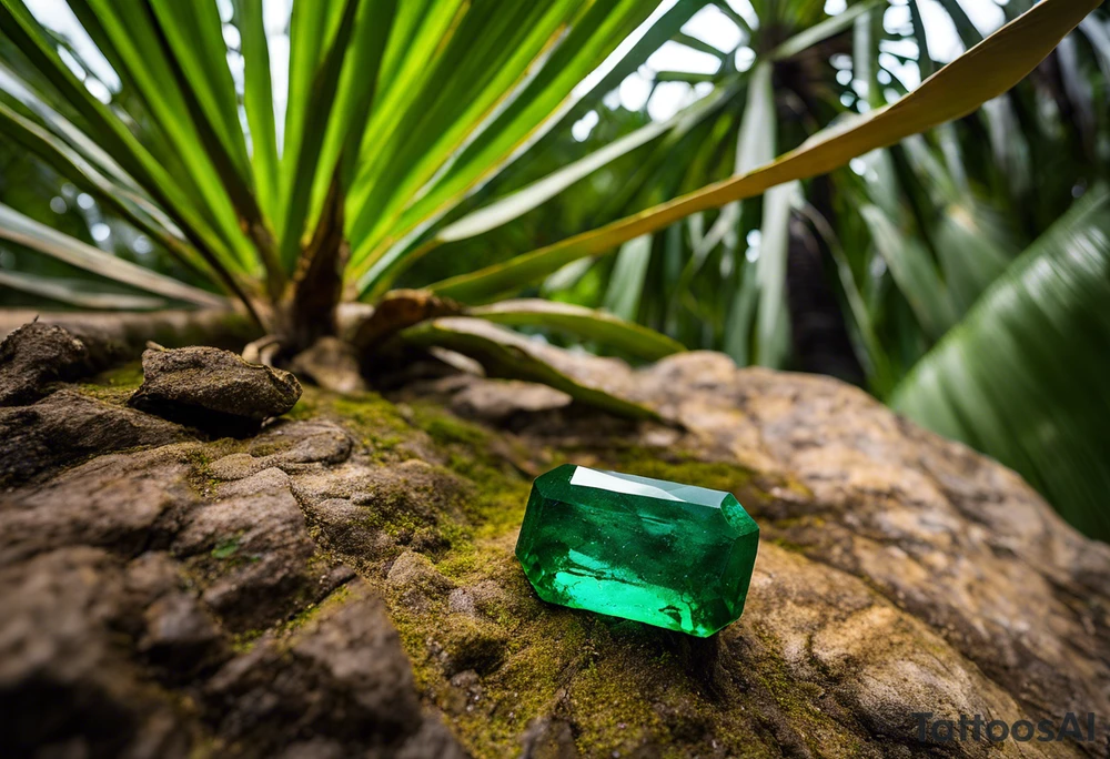 A striking Gachala emerald sits at the base of a tall quindio wax palm, which grows resiliently from cracks in rugged, rocky soil. The emerald is the main focal point, symbolizing strength and endurance, while the wax palm, rooted in the soil’s crevices, represents growth and resilience. A small water stream flows gently from the rocks, adding an element of life and nourishment. tattoo idea