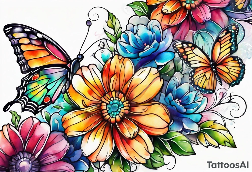 Arm sleeve with rainbow flowers and butterflies tattoo idea
