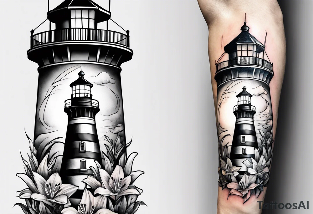 A light house with a lily at the bottom tattoo idea