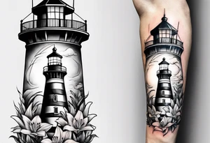 A light house with a lily at the bottom tattoo idea