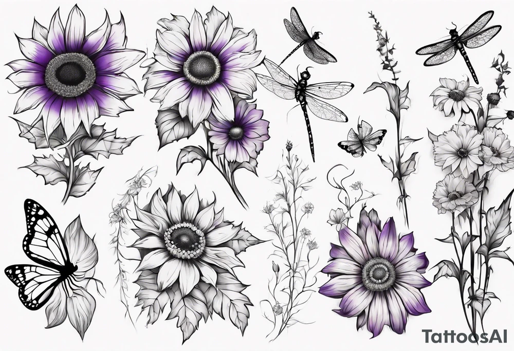 Arm sleeve, sunflowers, dragonflies, three cosmos flower, one violet, one carnation, vines and leaves tattoo idea