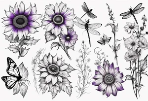 Arm sleeve, sunflowers, dragonflies, three cosmos flower, one violet, one carnation, vines and leaves tattoo idea