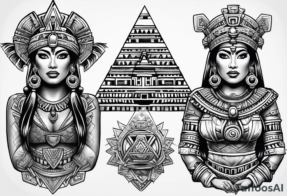 Aztec princess, mayan pyramid ollin symbol tattoo idea