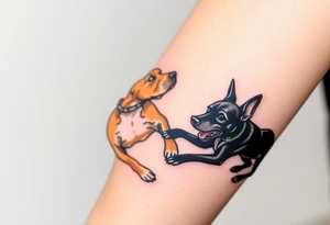 a tan pitbull and a black Australian cattle dog playing together tattoo idea
