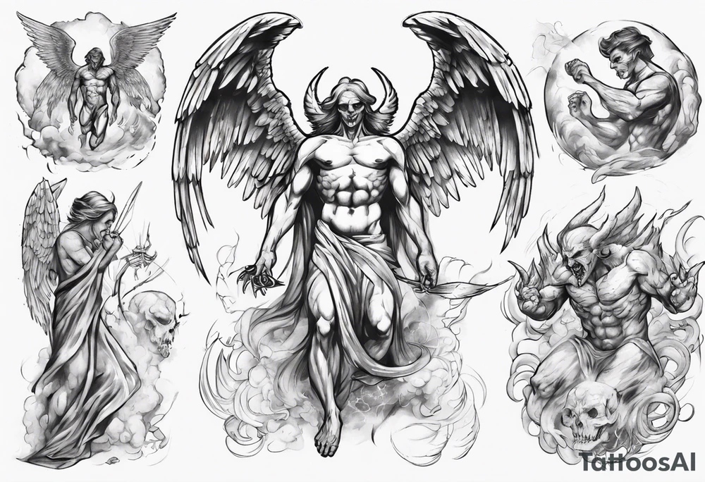 an angel being transformed into a demon while trying to fight back tattoo idea