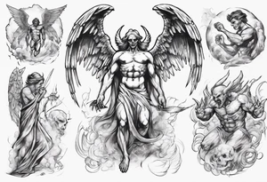 an angel being transformed into a demon while trying to fight back tattoo idea