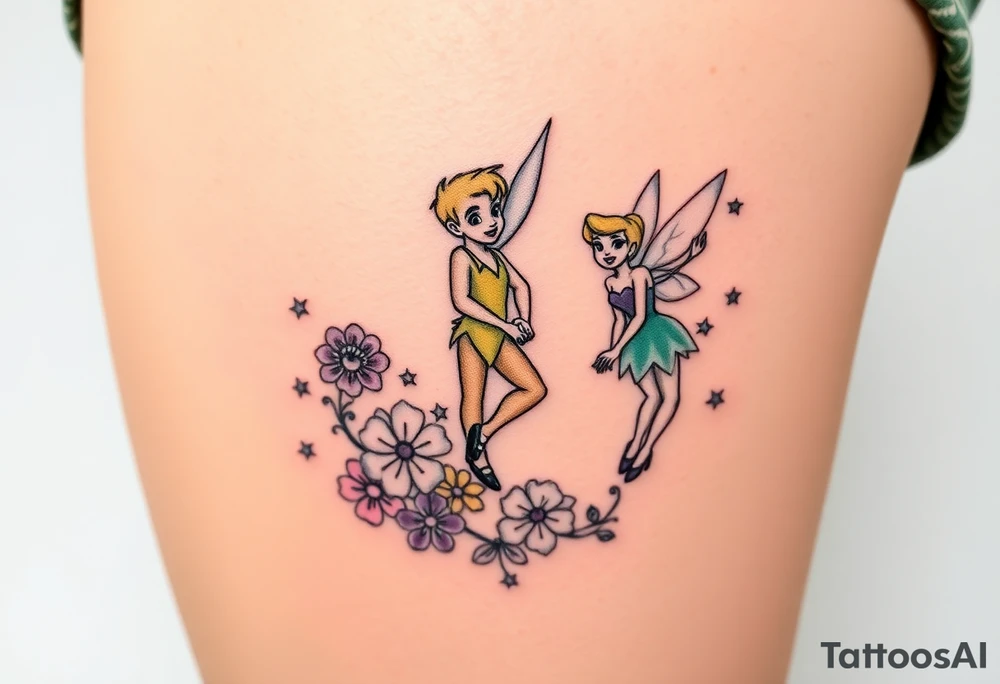 Peter pan, Tinker Bell and Wendy Darlin with flowers and stars tattoo idea