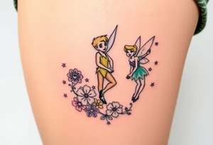 Peter pan, Tinker Bell and Wendy Darlin with flowers and stars tattoo idea