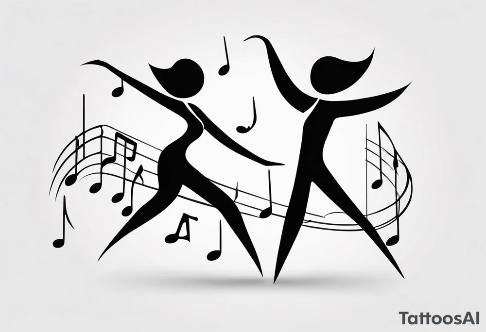 Music quarter notes connecting two dancing stick figures tattoo idea