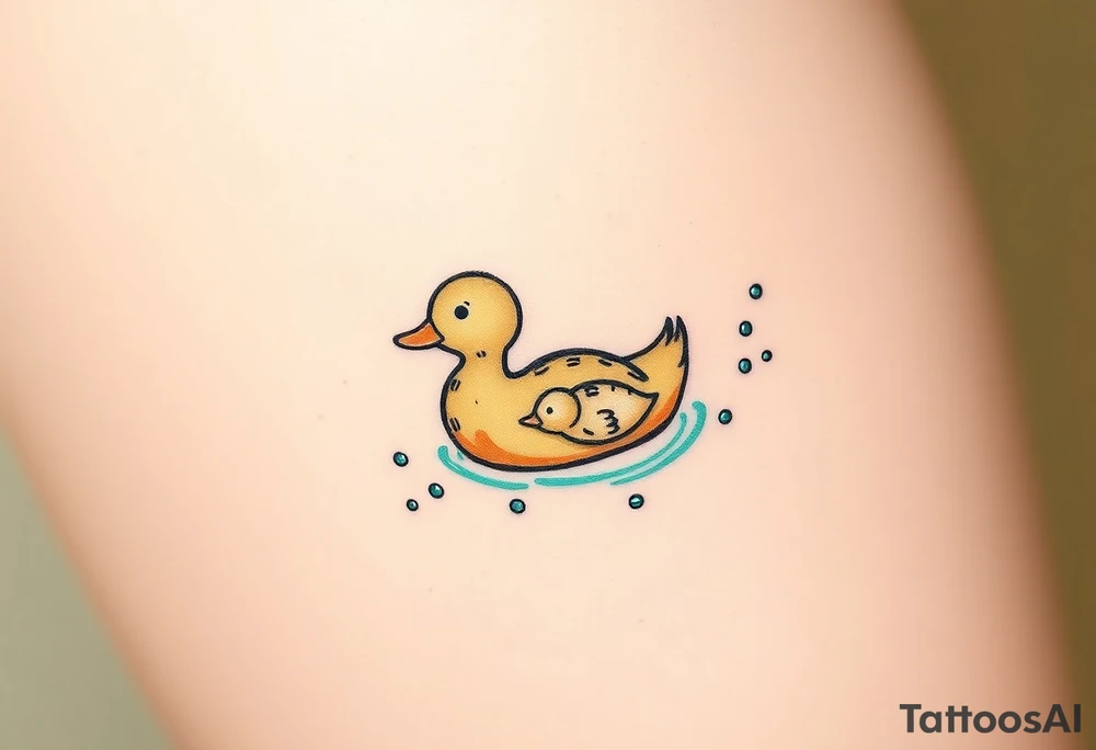 A mother and baby duck swimming together, leaving trails of tiny bubbles, in sea-green and sandy beige tones, representing lifelong guidance and patience tattoo idea