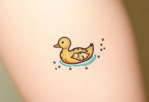 A mother and baby duck swimming together, leaving trails of tiny bubbles, in sea-green and sandy beige tones, representing lifelong guidance and patience tattoo idea