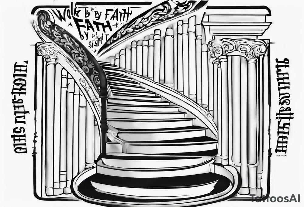 “walk by faith, not by sight” stairwell wrapping around the quote. This design captures the essence of the journey guided by faith. tattoo idea