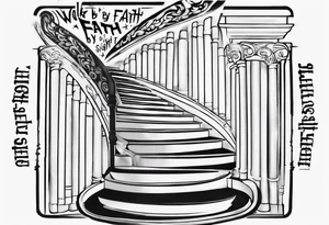 “walk by faith, not by sight” stairwell wrapping around the quote. This design captures the essence of the journey guided by faith. tattoo idea