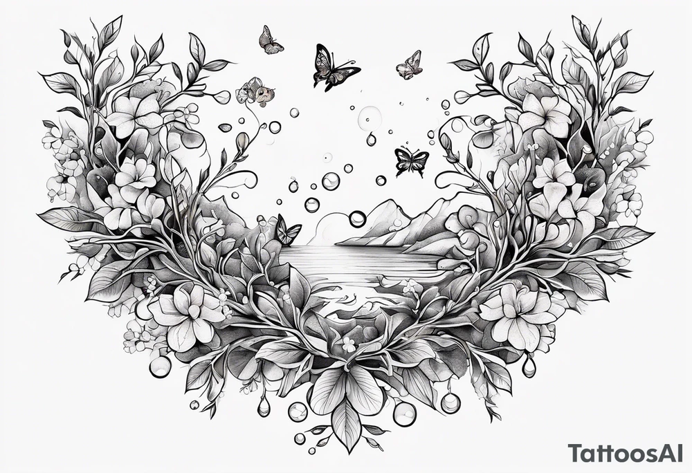 Winding branches and leaves and tiny flowers with a small moth and bubbles tattoo idea