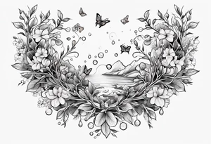 Winding branches and leaves and tiny flowers with a small moth and bubbles tattoo idea
