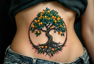 A forest green tree of life inside a round frame of braided roots and glowing amber fruits. tattoo idea