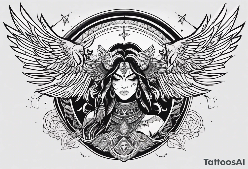black kali, goddess pirate, alien, angel, pachamama, valkrye, warrior, flying, skull, lotus azul, wing, eagle, zenza resonance, stars, 5D, anahata chakra, death, durga, riding on a tiger, flying lady tattoo idea