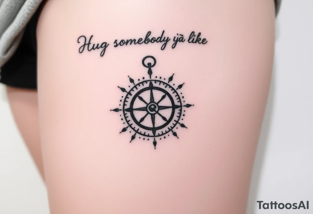 Three dimensional sundial casting shadow with handwriting “Hug somebody ya like” above. tattoo idea