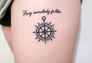 Three dimensional sundial casting shadow with handwriting “Hug somebody ya like” above. tattoo idea