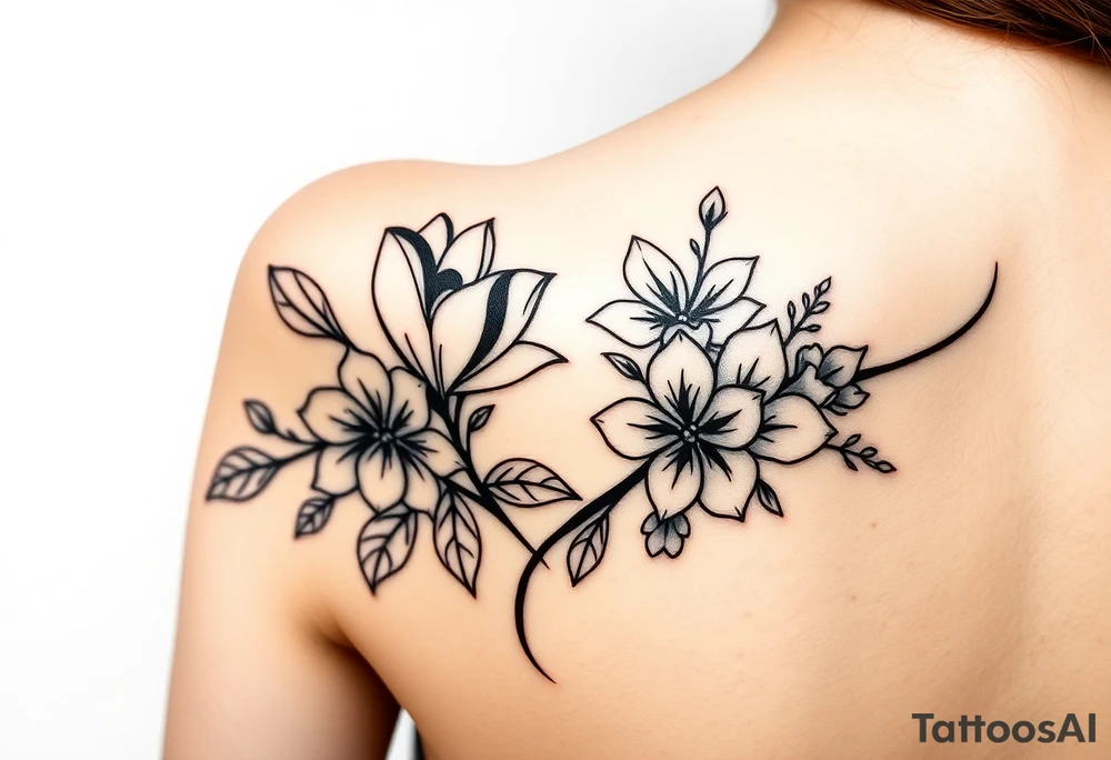 botanical tattoo with flowers such as tulips and lilies and cherry blossoms on the upper arm tattoo idea