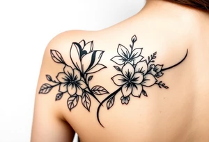 botanical tattoo with flowers such as tulips and lilies and cherry blossoms on the upper arm tattoo idea