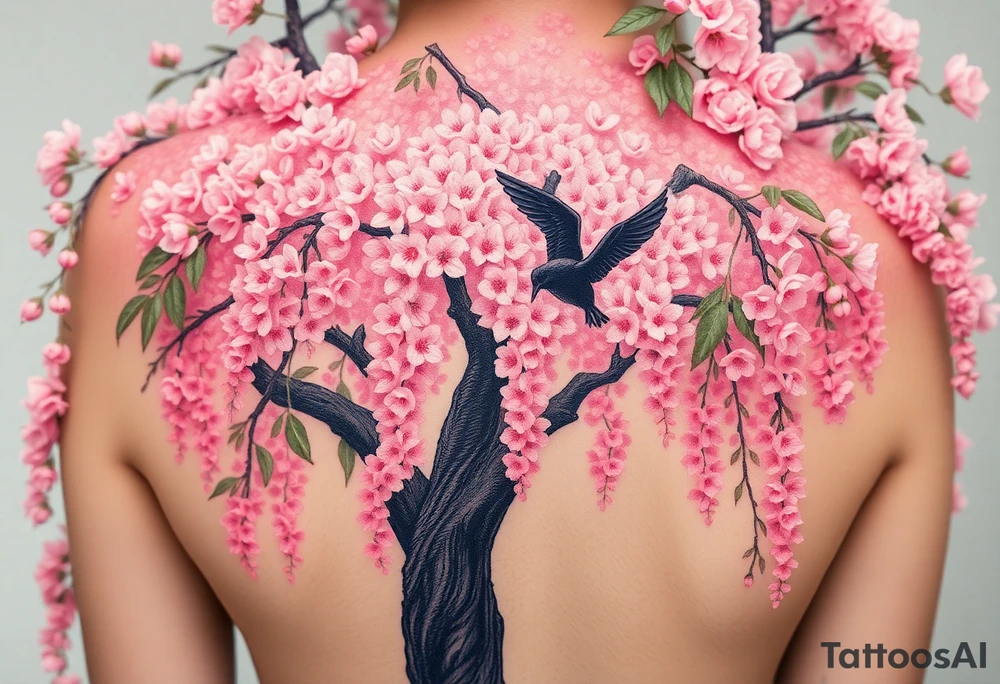 A big pink, weeping tree with huge  lushish leaves and a beautiful trunk. there are 2 doves. 1 is a flying into the sky. The second one is hovering above the ground that’s turning black like she stained with grief. Goth romance 
These are the dates I want dainty in the heavily overflow of weeping cherry blossom branches and leaves March 31, 2024 – July 2, 2024 tattoo idea
