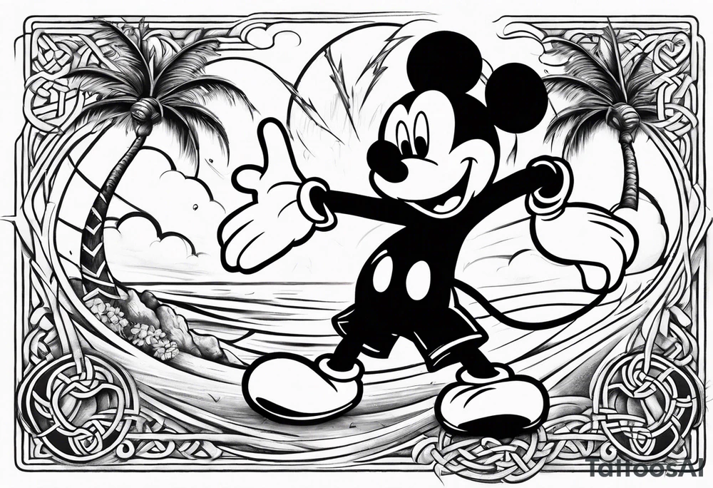 mickey mouse in a lightning storm with palm trees and the celtic symbol for family tattoo idea