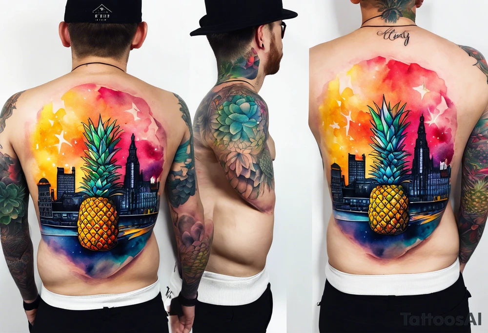 watercolour tattoo, stag in shape of pineapple, Amsterdam, Amsterdam buildings, Amsterdam canal, space colours, galaxy colours, pineapples tattoo idea