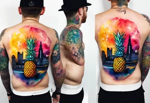 watercolour tattoo, stag in shape of pineapple, Amsterdam, Amsterdam buildings, Amsterdam canal, space colours, galaxy colours, pineapples tattoo idea