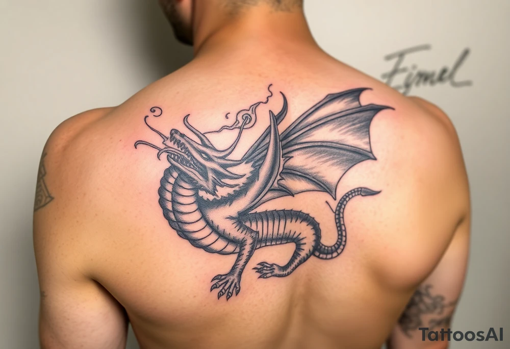 fierce dragon breathing iridescent fire against stormy skies tattoo idea
