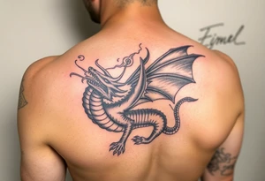 fierce dragon breathing iridescent fire against stormy skies tattoo idea