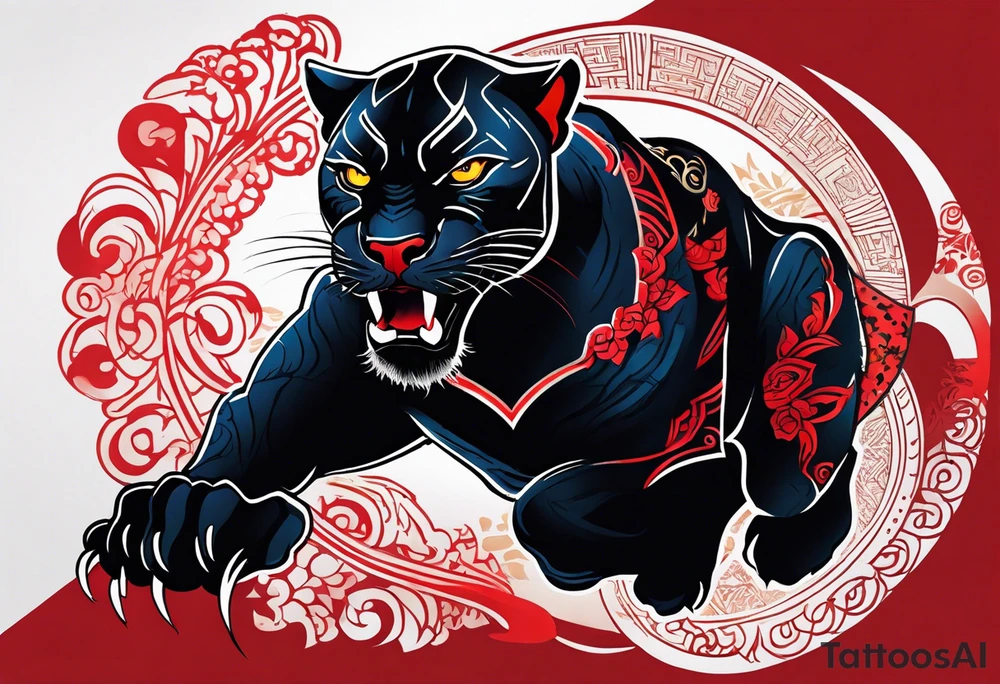 unique black panther tattoo, dynamic pose, showcasing its strength and grace, striking red eyes, intense and captivating elements, artistic flair, blending realism with abstract elements tattoo idea