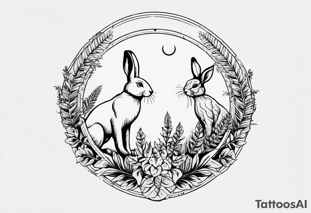 Base Design: circular for upper arm / shoulder. 

Include:
LOVE
ferns
two hares boxing tattoo idea