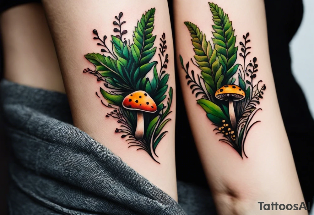 minimalistic forest floor inspired tattoo, which includes grass, moss, curly ferns and dead leaves as the bulk of the tattoo. details to include: forest berries, couple of very small brown mushrooms, a tiny bumblebee flying nearby tattoo idea