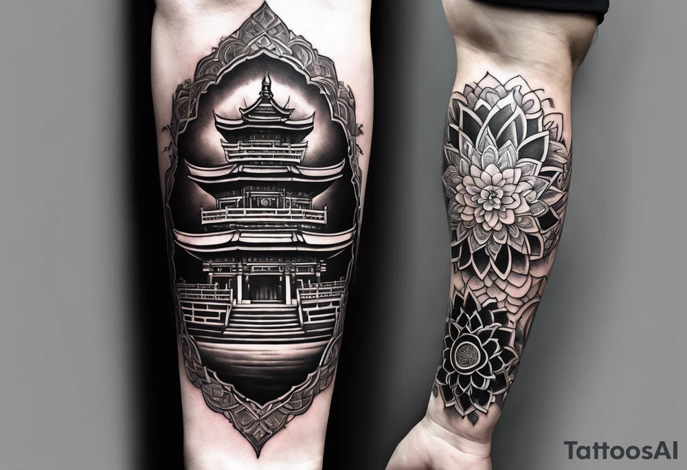 The back of a forearm including a world map, a Buddhist temple and a mandala tattoo idea