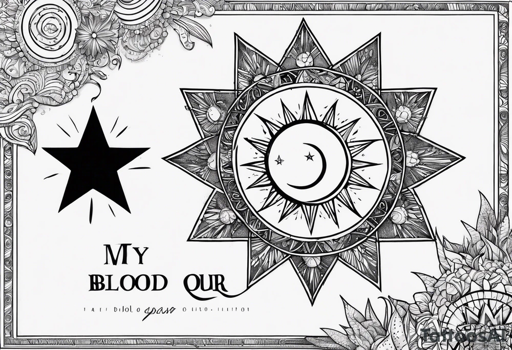 1 small sun, star, moon and the words, "My Blood, Your Blood, Our Blood" tattoo idea