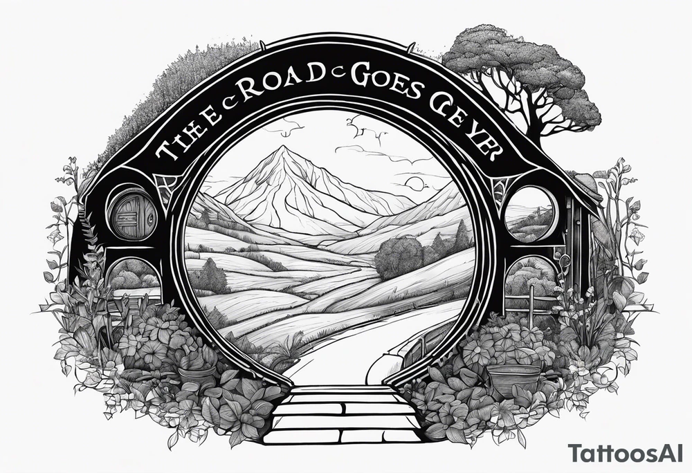 Hobbit hole and the words the road goes ever on and on tattoo idea