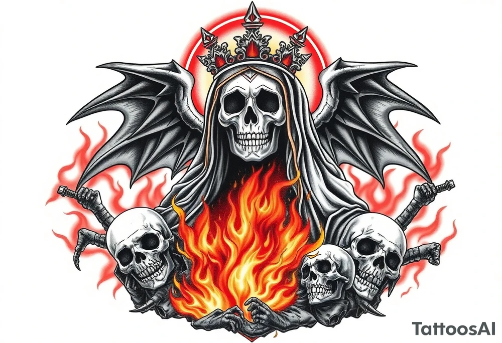 Powerful and evil Santa muerte rising from the flames and ashes of hell, surrounded by unclaimed souls tattoo idea